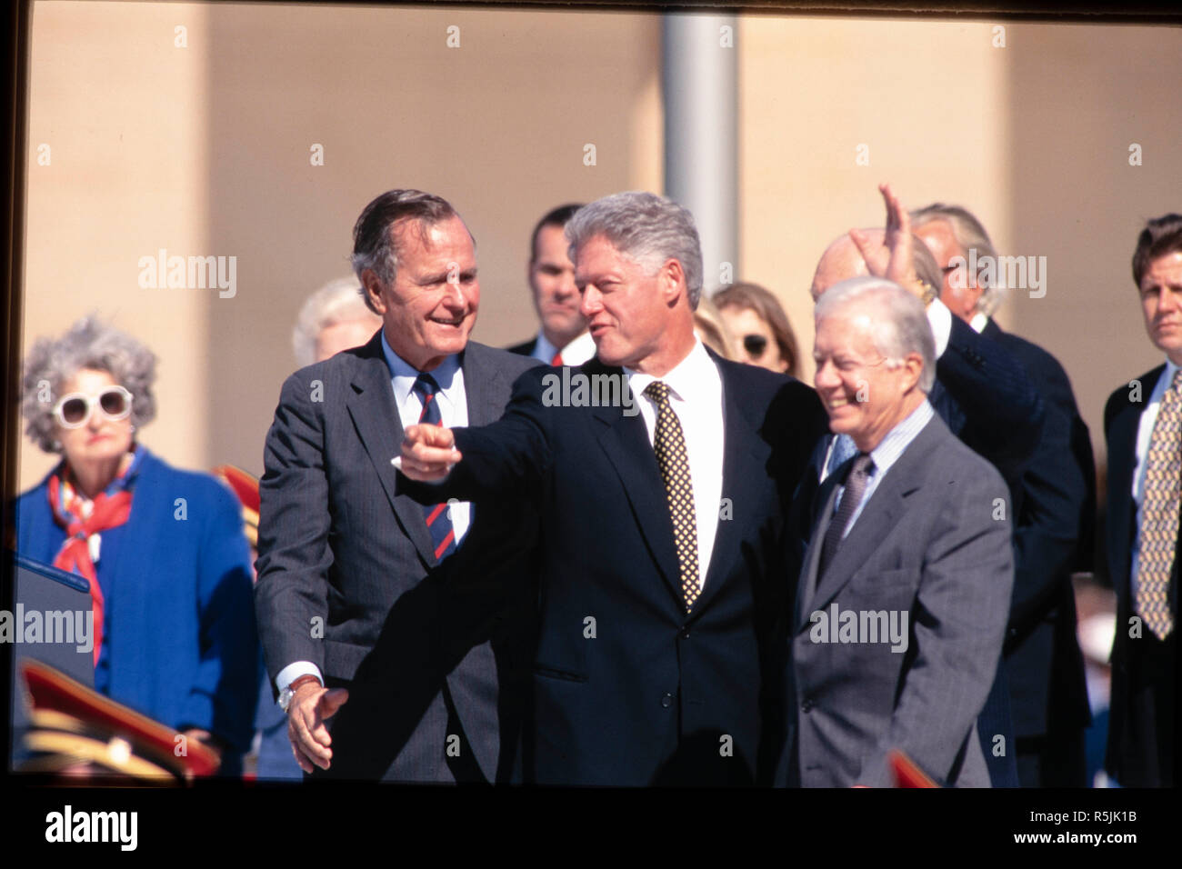 From left, former First Lady Lady Bird Johnson, former President George H.W. Bush, President Bill Clinton, and former President Jimmy Carter at the dedication of the Bush Presidential Library in 1997 on the campus of Texas A&M University in College Station, Texas. President George H.W. Bush passed away, Nov. 30, 2018 in Houston, TX Stock Photo