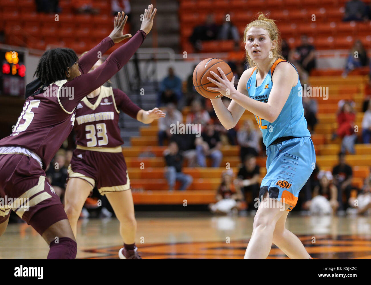 Stillwater, OK, USA. 30th Nov, 2018. Oklahoma State Forward Vivian Gray (12) looks for an open teammate during a basketball game between the Texas State Bobcats and Oklahoma State Cowgirls at Gallagher-Iba Arena in Stillwater, OK. Gray Siegel/CSM/Alamy Live News Stock Photo