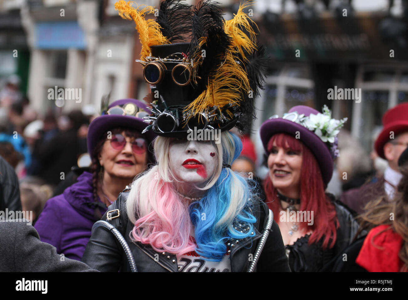 Rochester, Kent, UK. 1st December 2018: A parade participant in Steampunk costume takes part in the main parade. Hundreds of people attended the Dickensian Festival in Rochester on 1 December 2018. The festival's main parade has participants in Victorian period costume from the Dickensian age. The town and area was the setting of many of Charles Dickens novels and is the setting to two annual festivals in his honor. Photos: David Mbiyu/ Alamy Live News Stock Photo