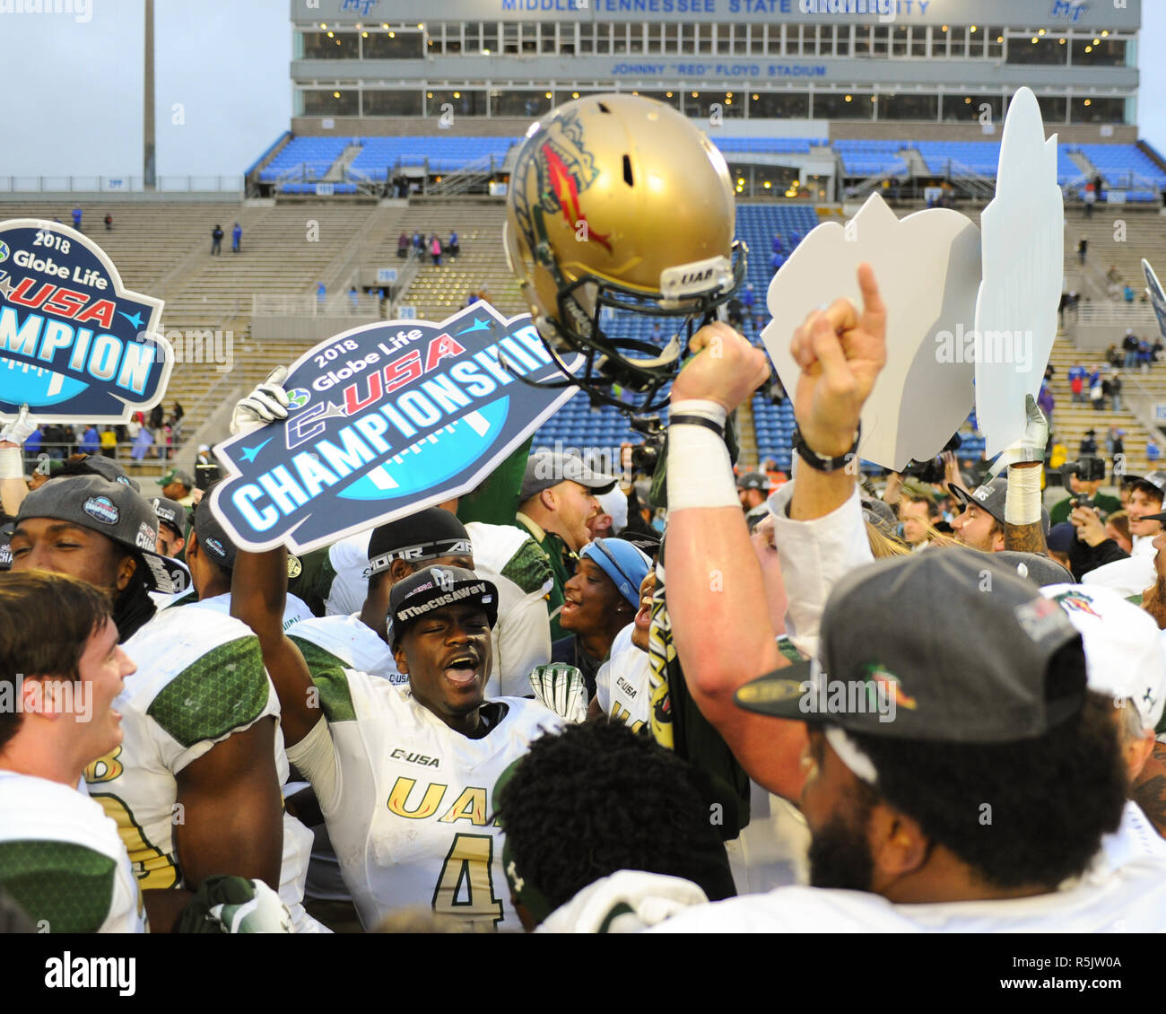 Murfreesboro, TN, USA. 01st Dec, 2018. UAB players celebrates victory after the C-USA Football Championship game between the Middle Tennessee Blue Raiders and the University of Alabama Birmingham Blazers at Johnny Floyd Stadium in Murfreesboro, TN. UAB defeated Middle Tennessee, 27-25. Kevin Langley/CSM/Alamy Live News Stock Photo