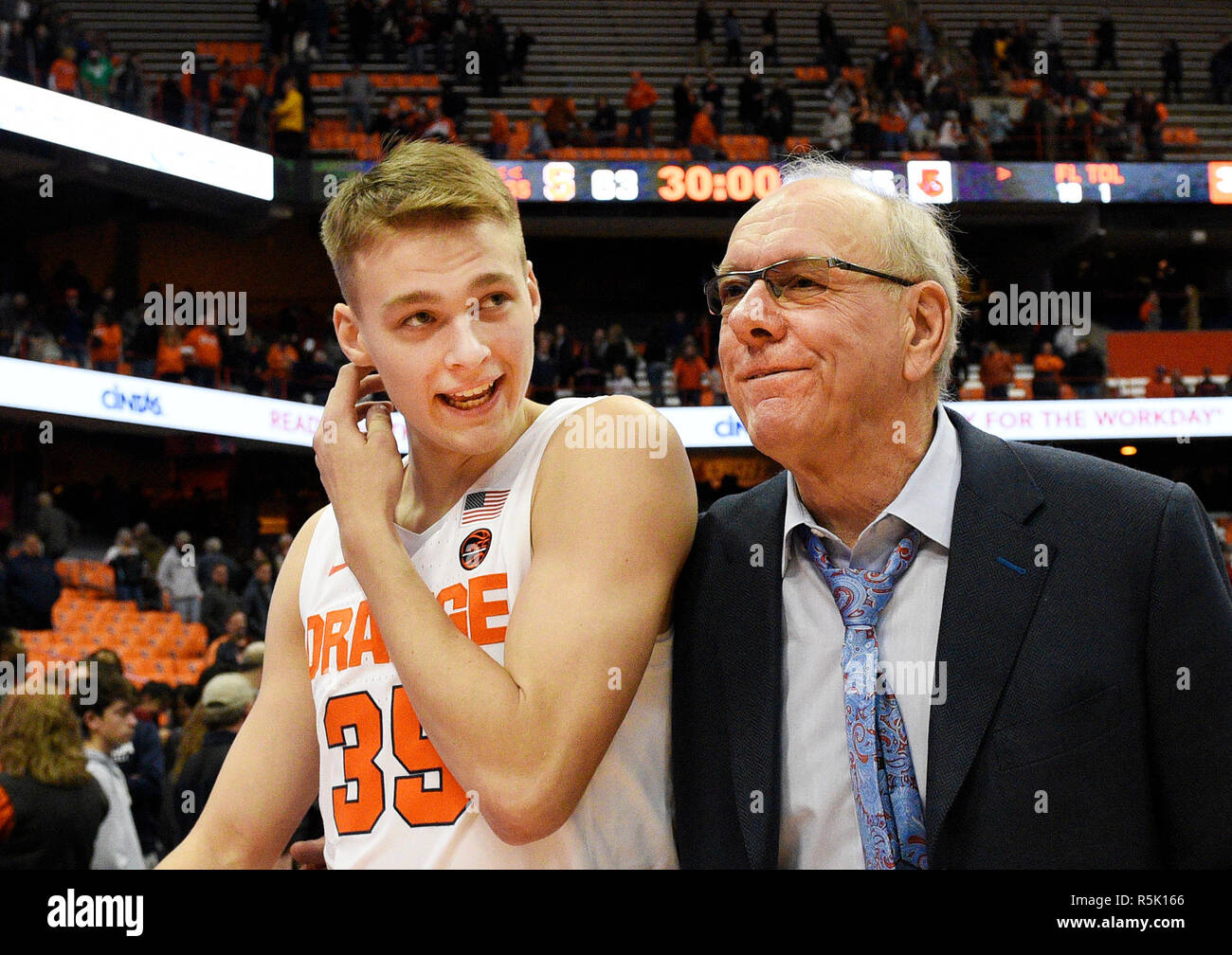 Syracuse Ny Usa 1st Dec 2018 Syracuse Freshman Guard Buddy Boeheim 35 And Syracuse Head Coach Jim Boeheim Walk Off Of The Court As The Syracuse Orange Defeated The Cornell Big Red