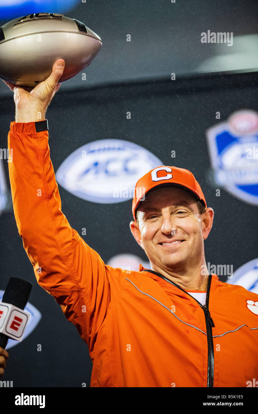 Clemson Tigers head coach Dabo Swinney during the ACC College Football Championship game between Pitt and Clemson on Saturday December 1, 2018 at Bank of America Stadium in Charlotte, NC. Jacob Kupferman/CSM Stock Photo