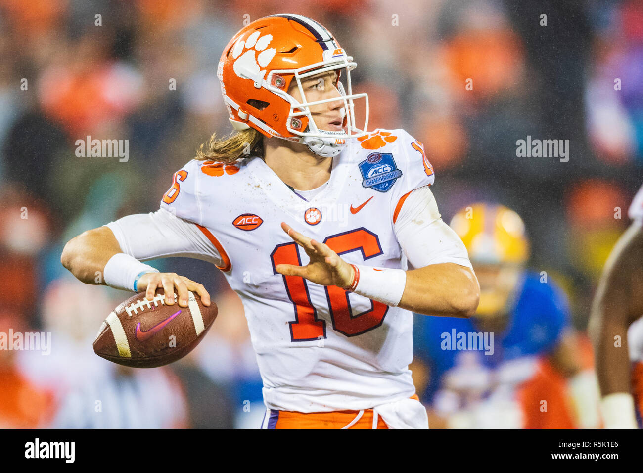 Clemson Tigers quarterback Trevor Lawrence (16) during the ACC College Football Championship game between Pitt and Clemson on Saturday December 1, 2018 at Bank of America Stadium in Charlotte, NC. Jacob Kupferman/CSM Stock Photo