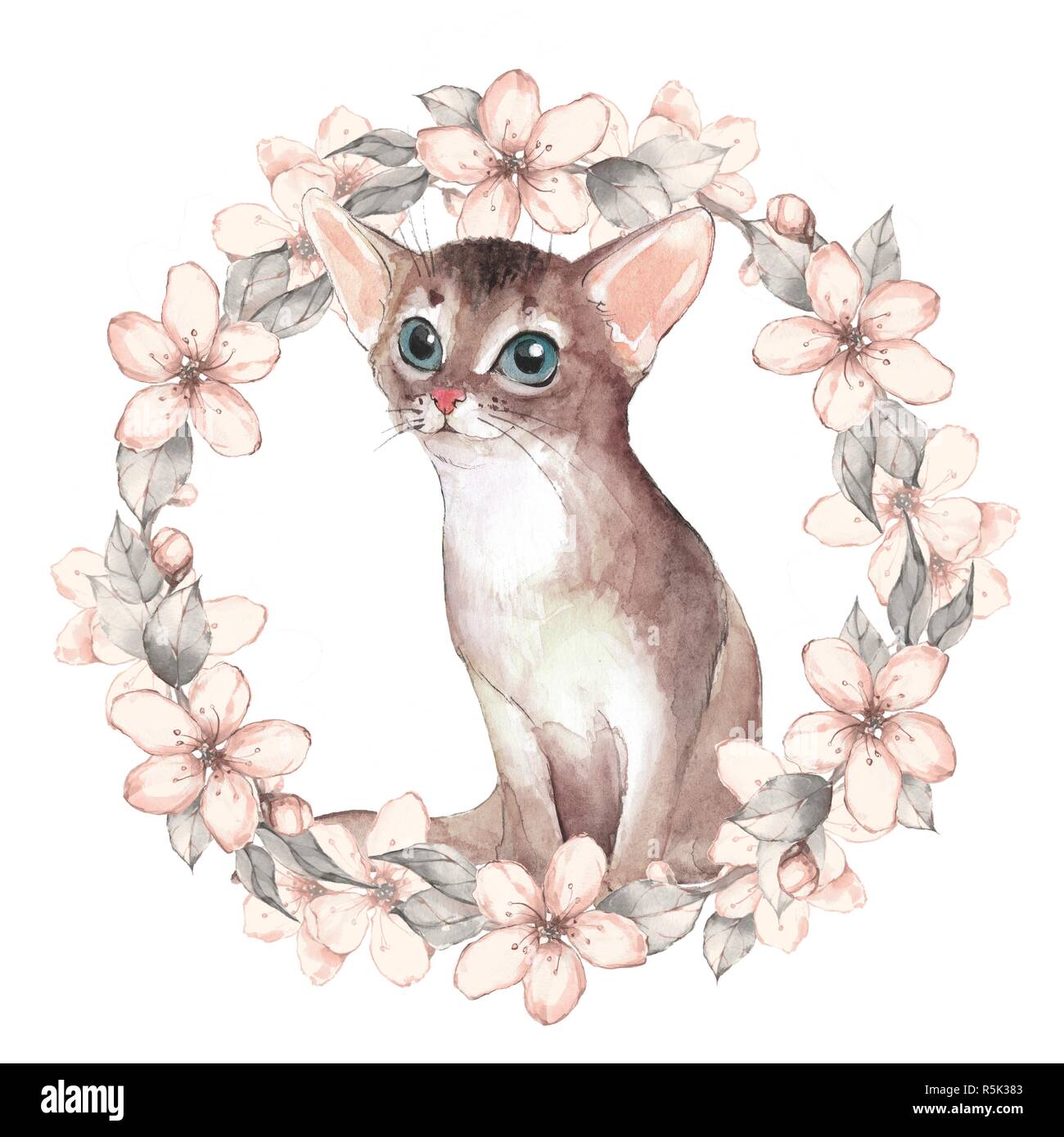Cute kitten with wreath. Watercolor illustration Stock Photo