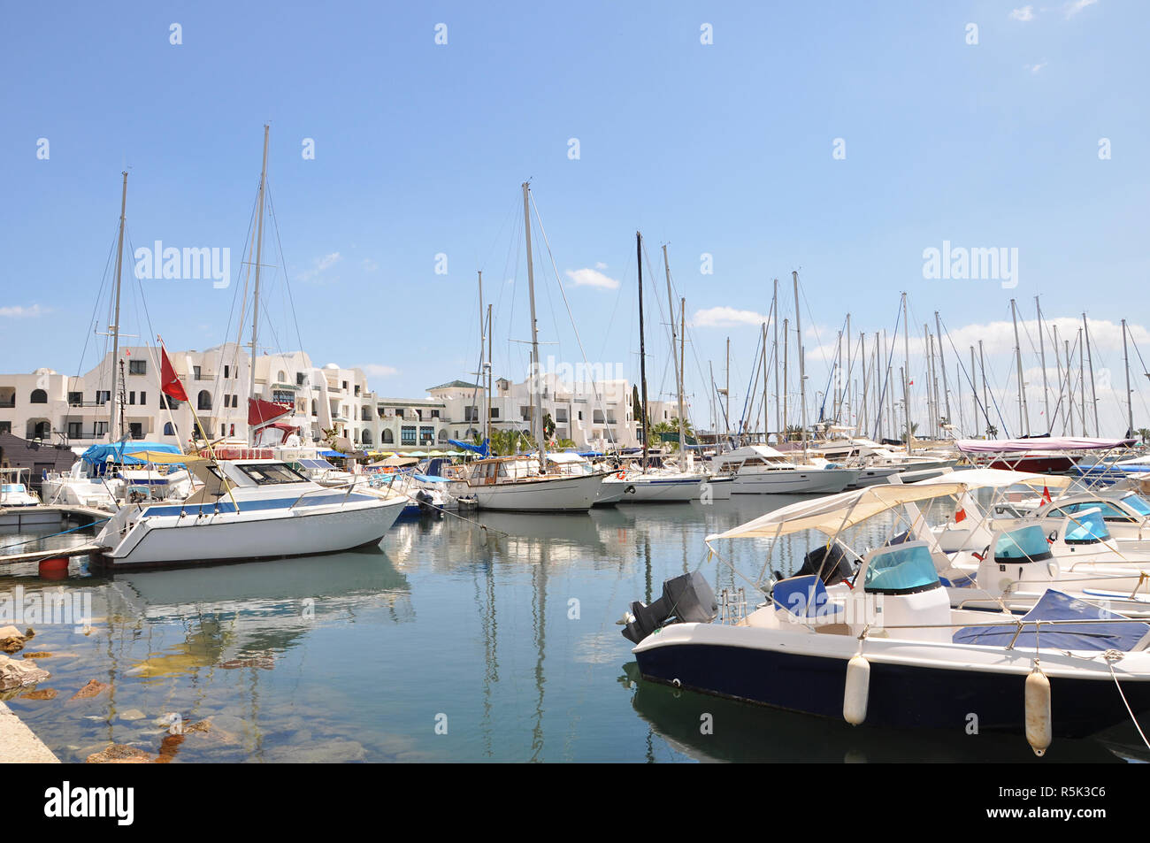Several yachts in popular touristic destination in Northern Africa - Port El Kantaoui, sunny day. Stock Photo