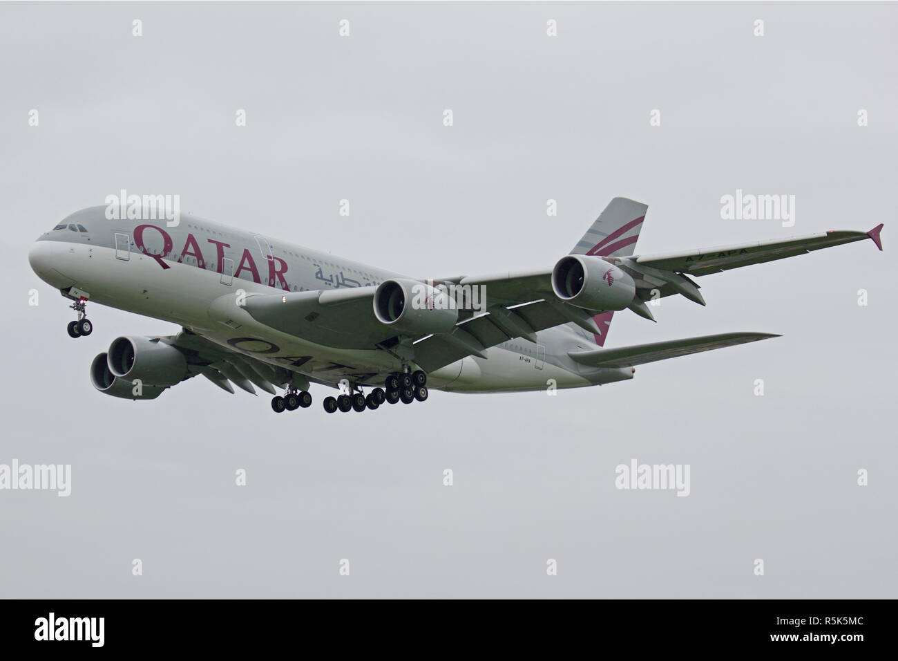 Qatar Airways Airbus A380-861 A7-APA landing at London Heathrow Airport Stock Photo