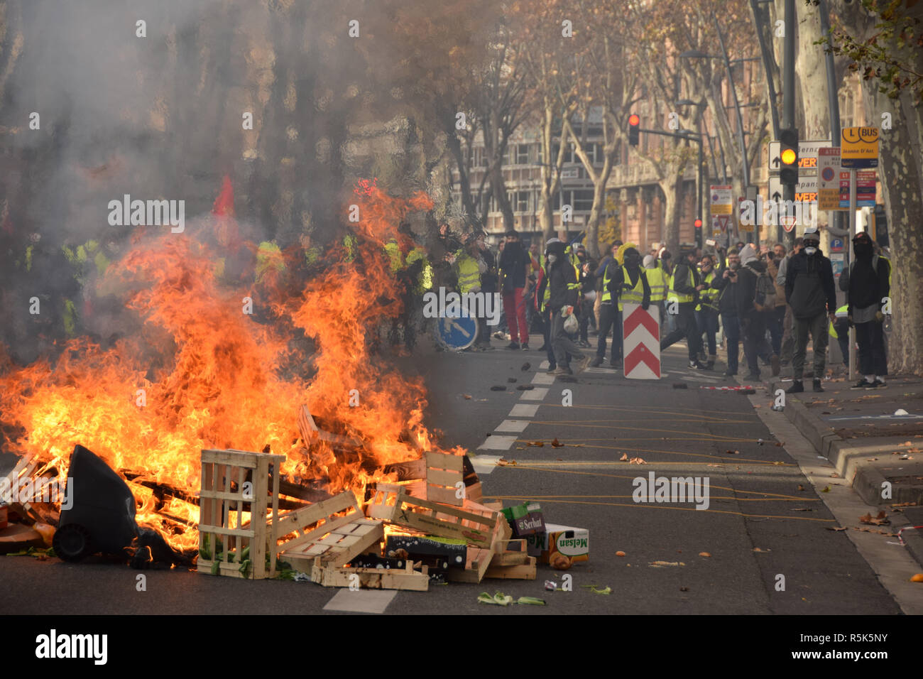 Violences occured on December the 1st in the streets of Toulouse, France,  between riot police and the yellow vest (gilets jaunes). Police largely  used tear gas Stock Photo - Alamy