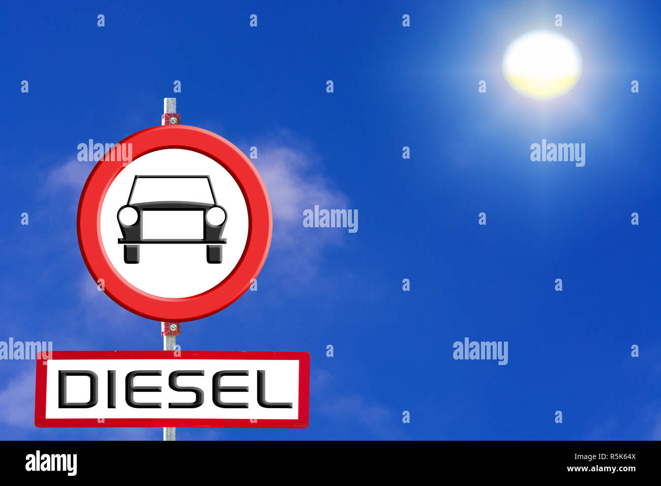 sign diesel cars banned from blue sky and sun. Stock Photo