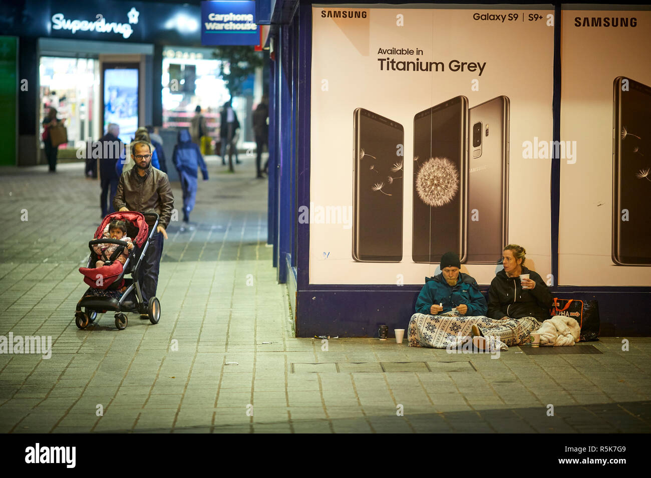 Liverpool city centre homeless begging couple Stock Photo