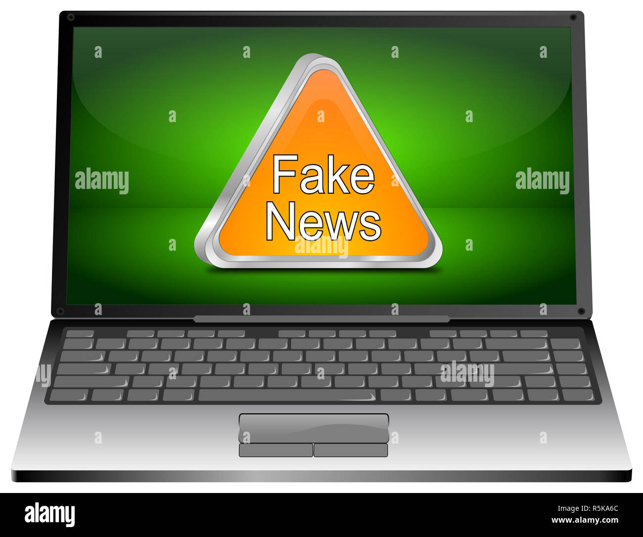 Laptop Computer with orange Fake News warning sign - 3D illustration Stock Photo