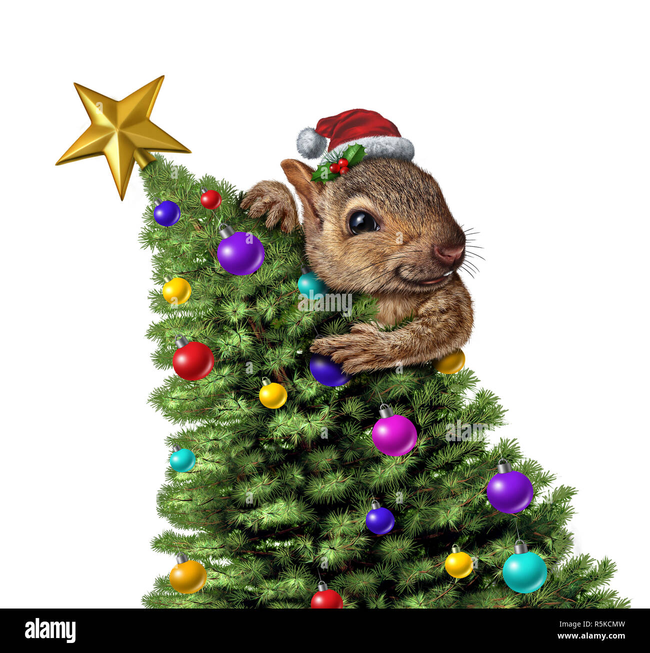 Funny squirrel decorating a Christmas tree as a winter holiday greeting  icon on a white background with 3D illustration elements isolated Stock  Photo - Alamy