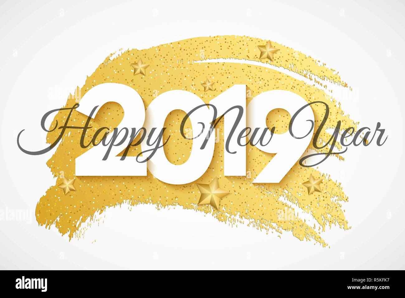Happy New Year 2019 web banner. 3d Numbers. Banner in grunge style. Christmas gold stars, lollipops and serpentine. Luxury holiday brochure. Vector il Stock Vector