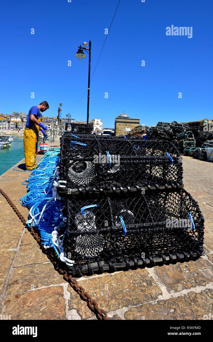 Brand new lobster pots on Smeatons pier,St Ives,Cornwall,England,UK Stock Photo