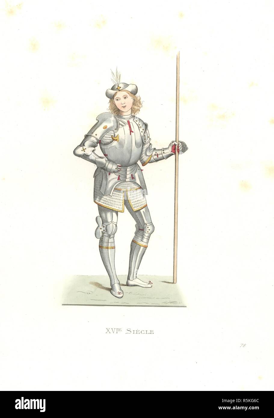 Italian man of arms, 16th century, after an illustration by Italian artist Bernardino di Benedetto, il Pinturicchio (1454-1513), in the Louvre. Handcolored illustration by E. Lechevallier-Chevignard, lithographed by A. Didier, L. Flameng, F. Laguillermie, from Georges Duplessis's 'Costumes historiques des XVIe, XVIIe et XVIIIe siecles' (Historical costumes of the 16th, 17th and 18th centuries), Paris 1867. The book was a continuation of the series on the costumes of the 12th to 15th centuries published by Camille Bonnard and Paul Mercuri from 1830. Georges Duplessis (1834-1899) was curator of  Stock Photo