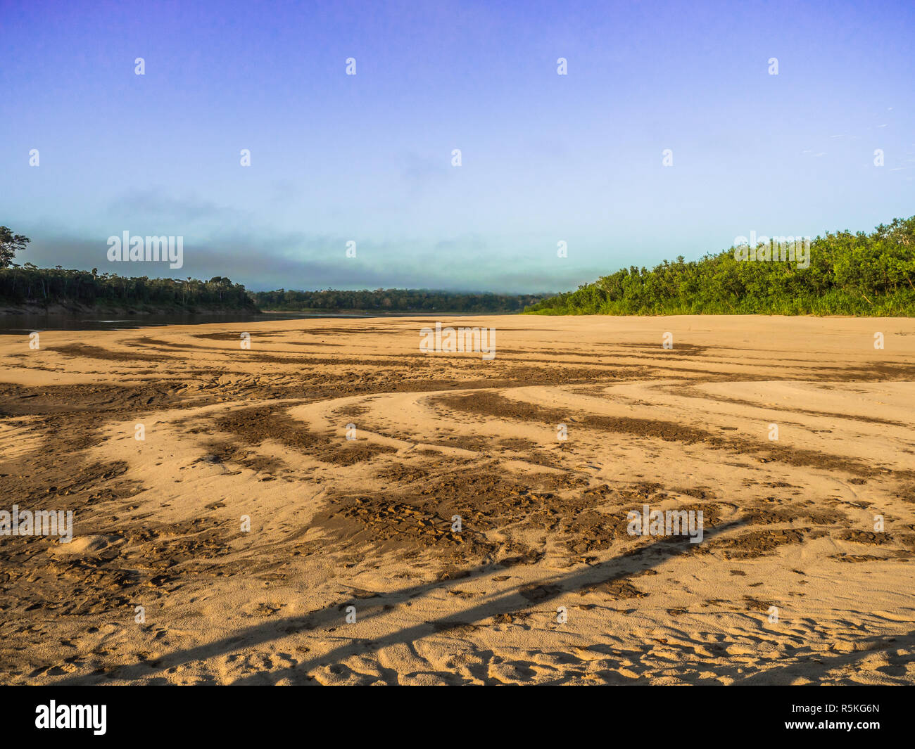 Beautiful sandy beach in Amazon jungle, during the low water season. Amazonia. Selva on the border of Brazil and Peru. South America. Dos Fronteras. Stock Photo
