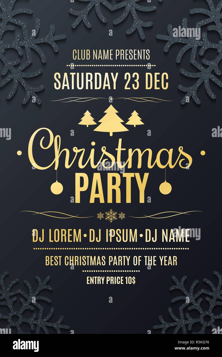 Christmas party poster. Luxury and shiny snowflakes of glitters on dark  background. Festive web flyer. DJ and club name. New Year party. Vector  illust Stock Vector Image & Art - Alamy