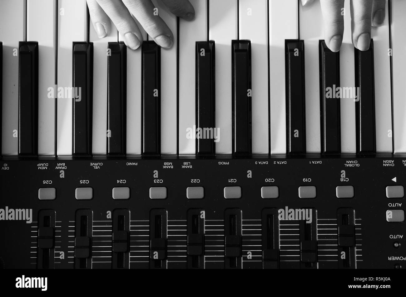 Female hands are playing a synthesizer Stock Photo