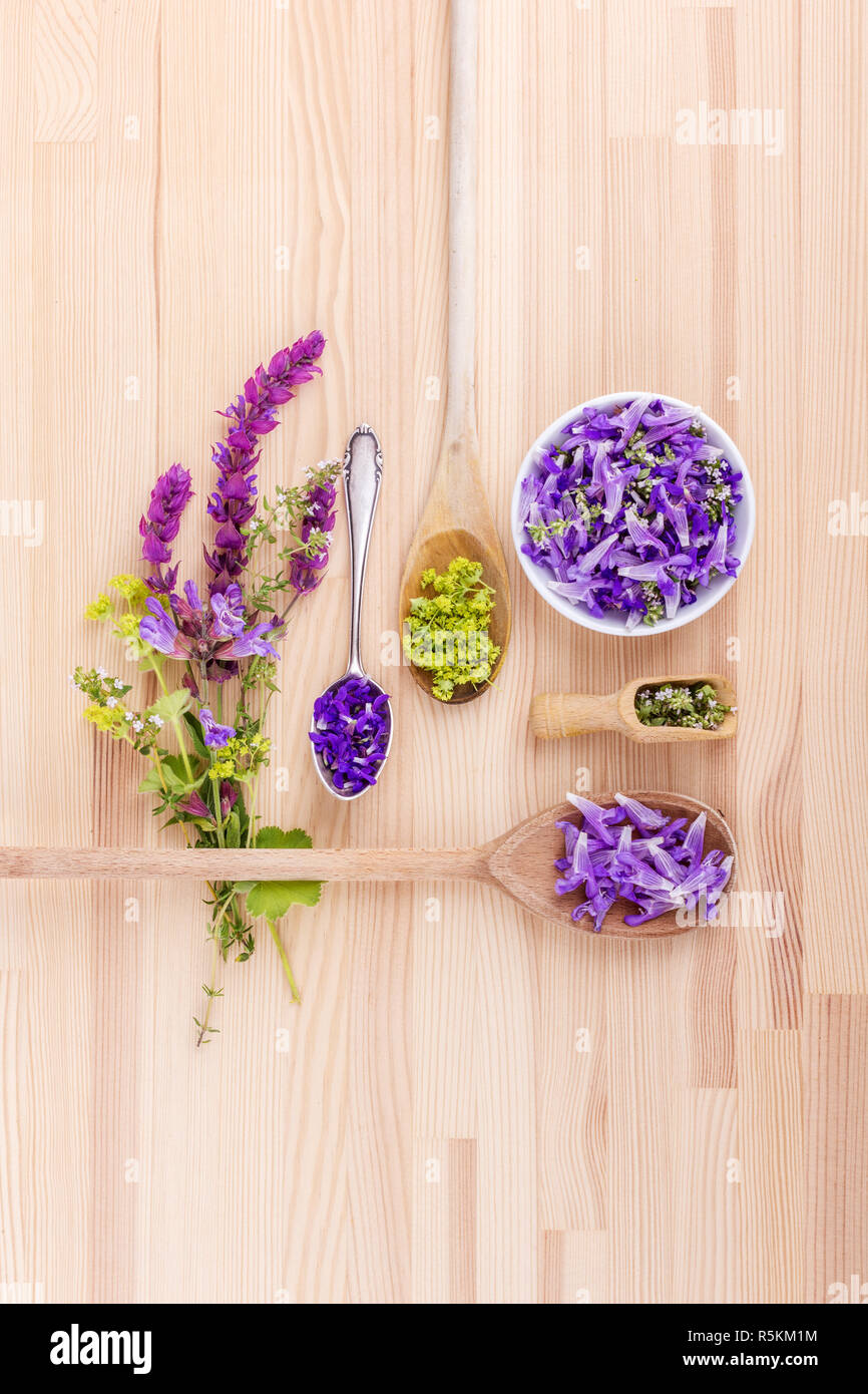 flowers of lavender, thyme and lady's mantle Stock Photo Alamy