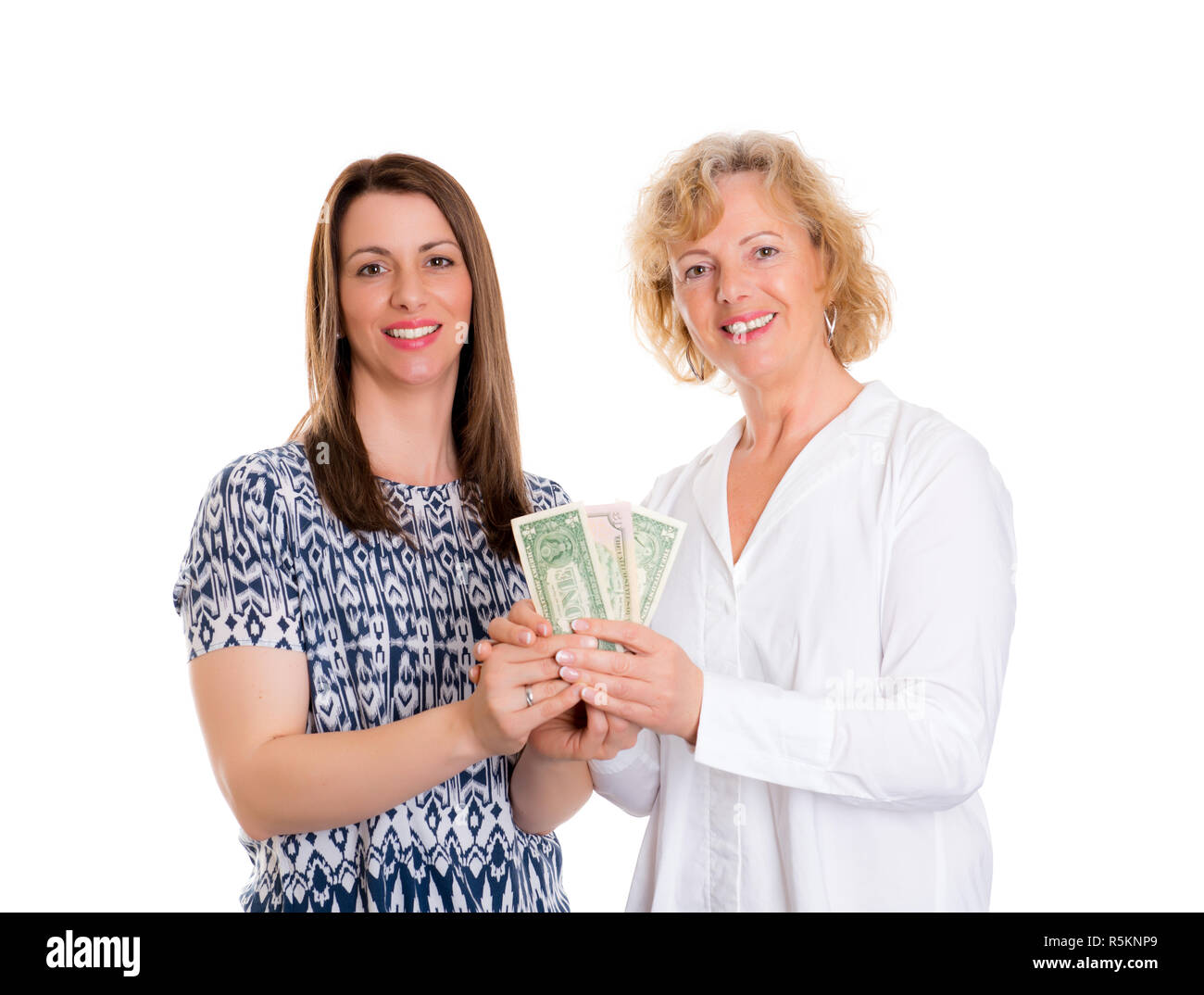 young woman and her mother with money Stock Photo
