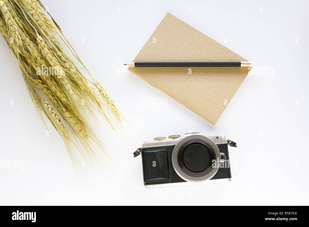 Notebook ,pencil and camera on white background Stock Photo Alamy