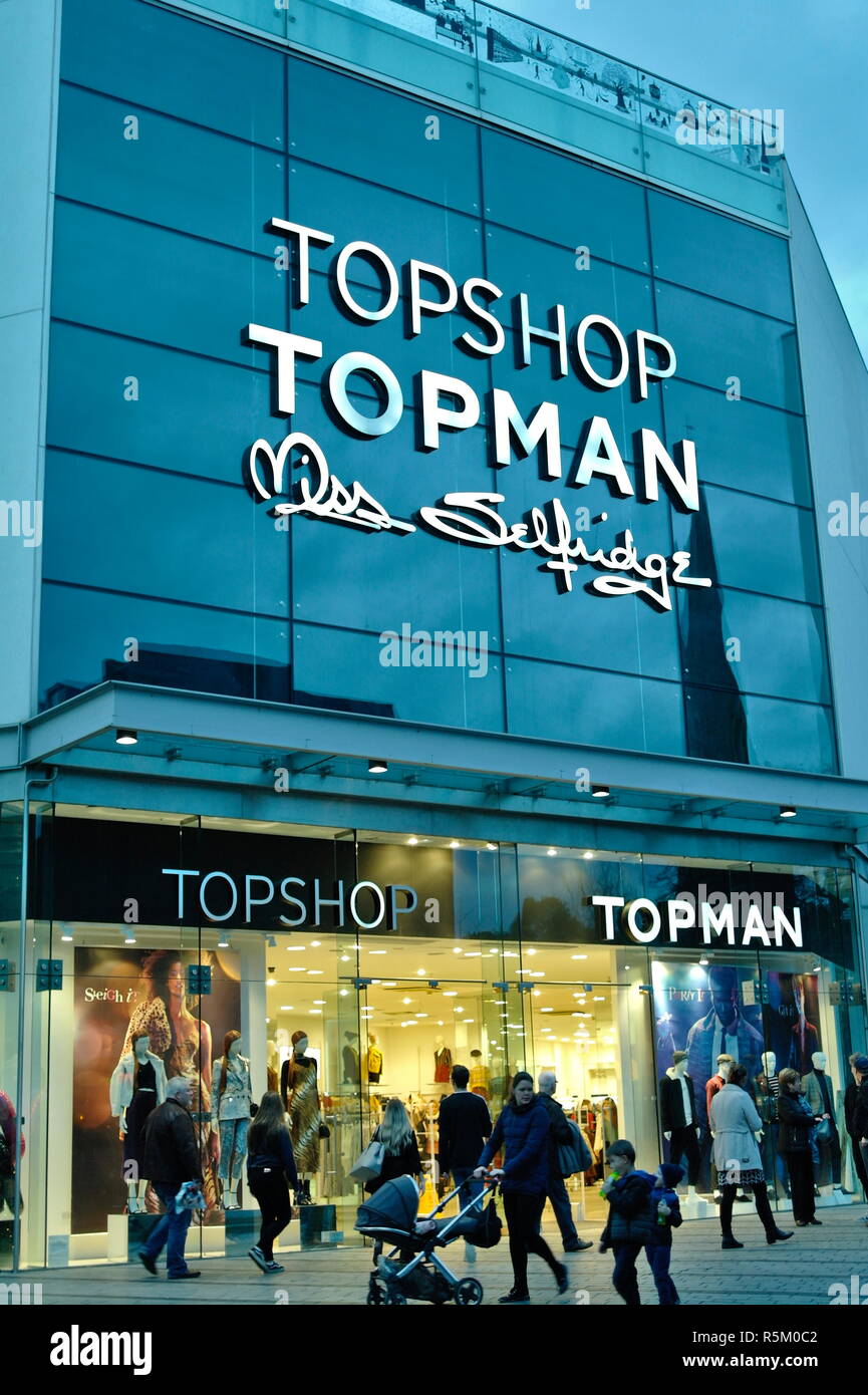 Arcadia Group highstreet brands. Topshop, Topman and Miss Selfridge branding on glass shopfront. Stock Photo