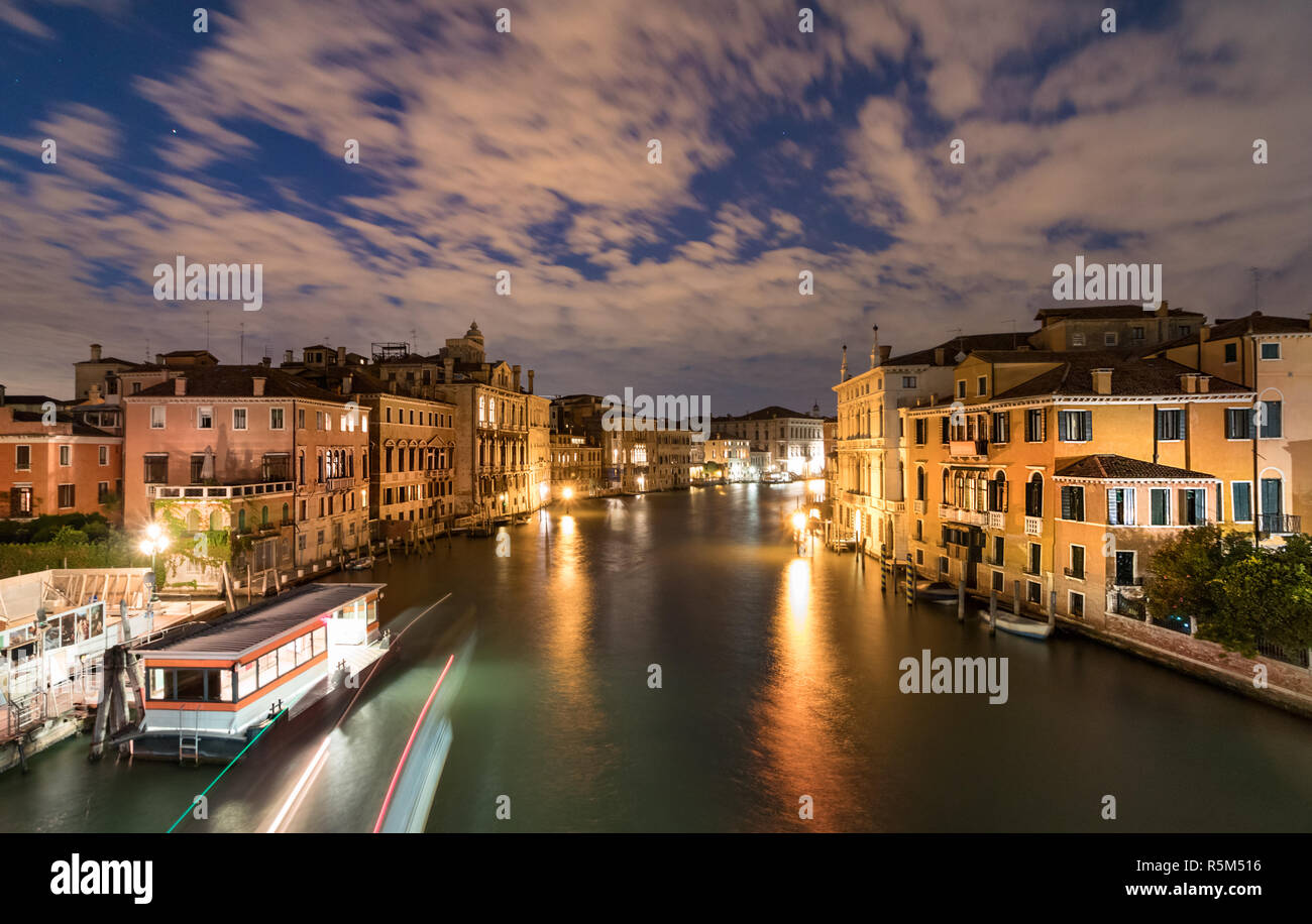 View of the Grand Canal with Vaporetto stop Venice at evening, Italy ...