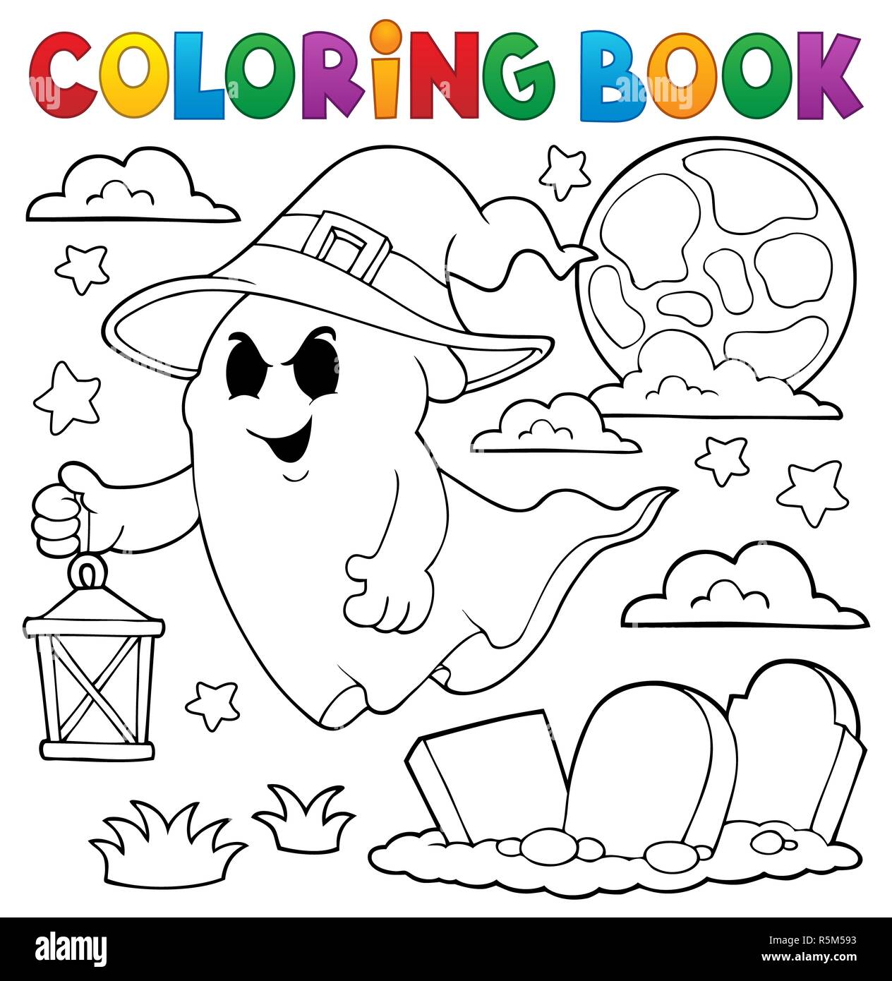 Coloring book ghost with hat and lantern Stock Photo - Alamy