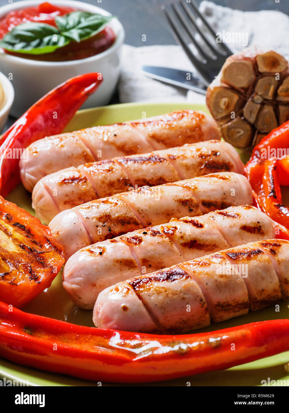 Grilled chicken sausages close up Stock Photo Alamy