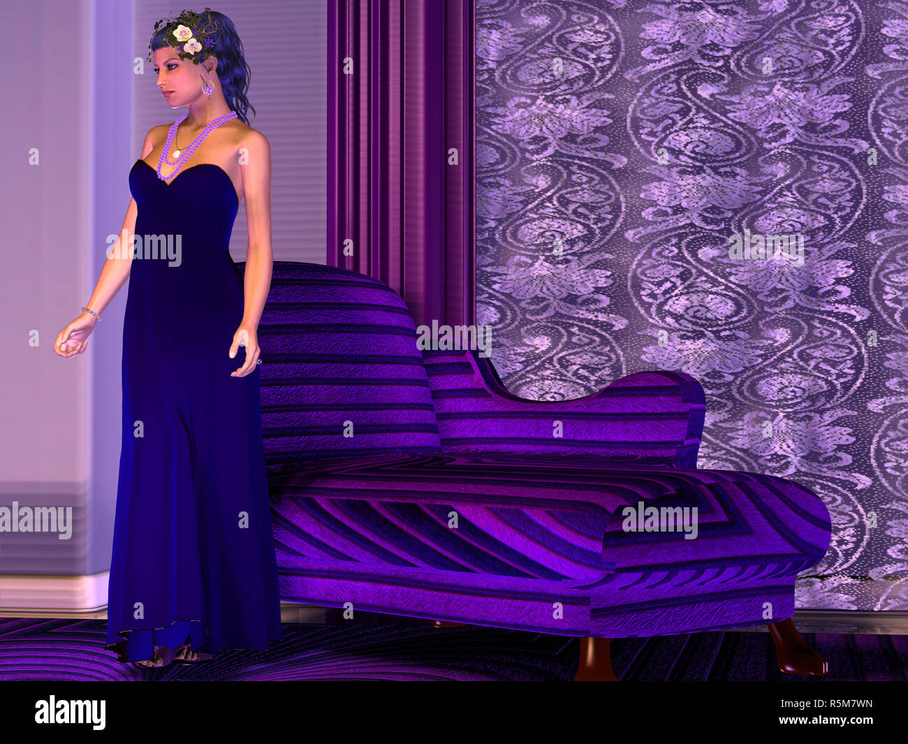 Lady in Lilac Room Stock Photo