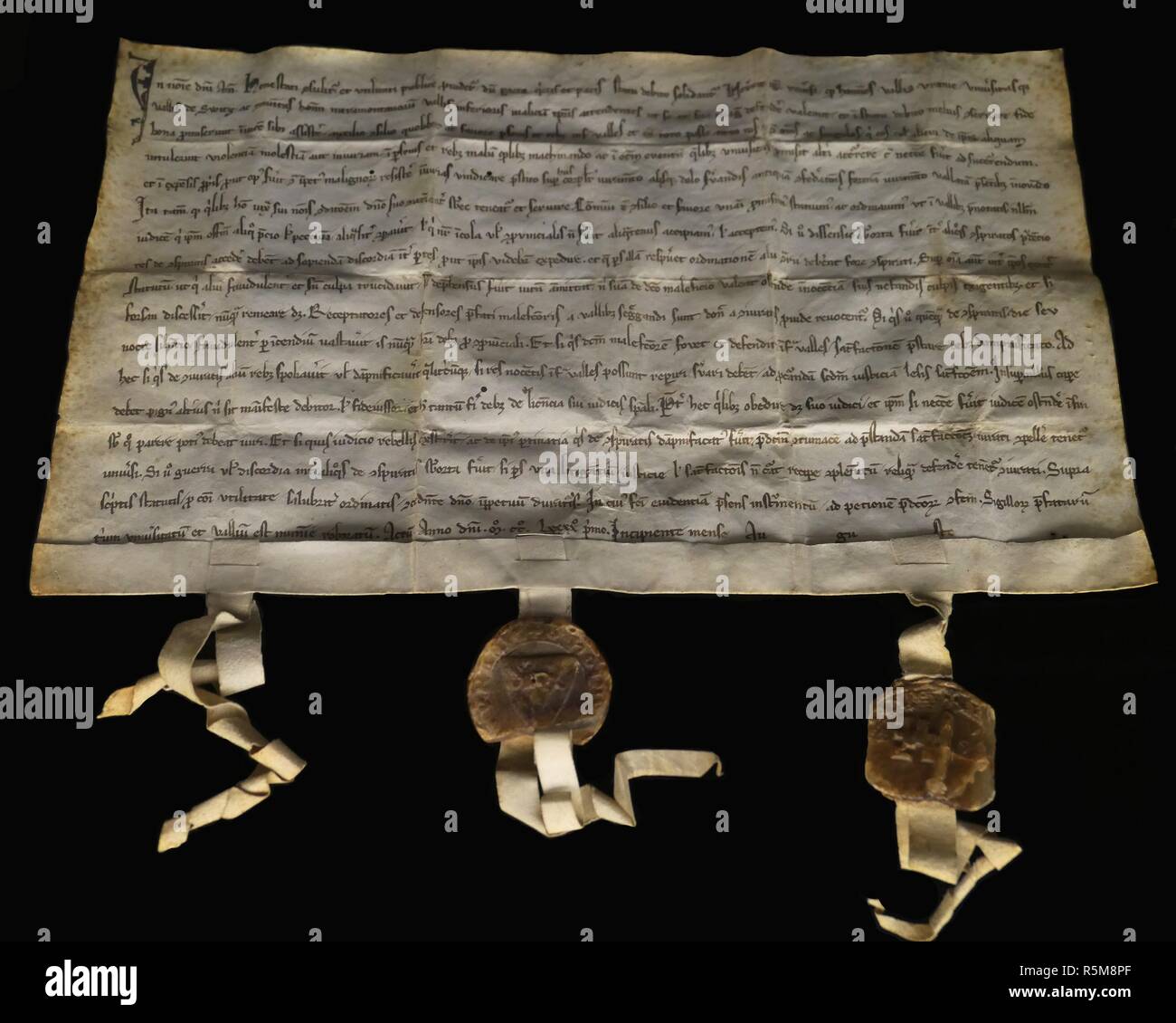 The Federal Charter of 1291. Museum: Bundesbriefmuseum, Schwyz. Author: Historical Document. Stock Photo