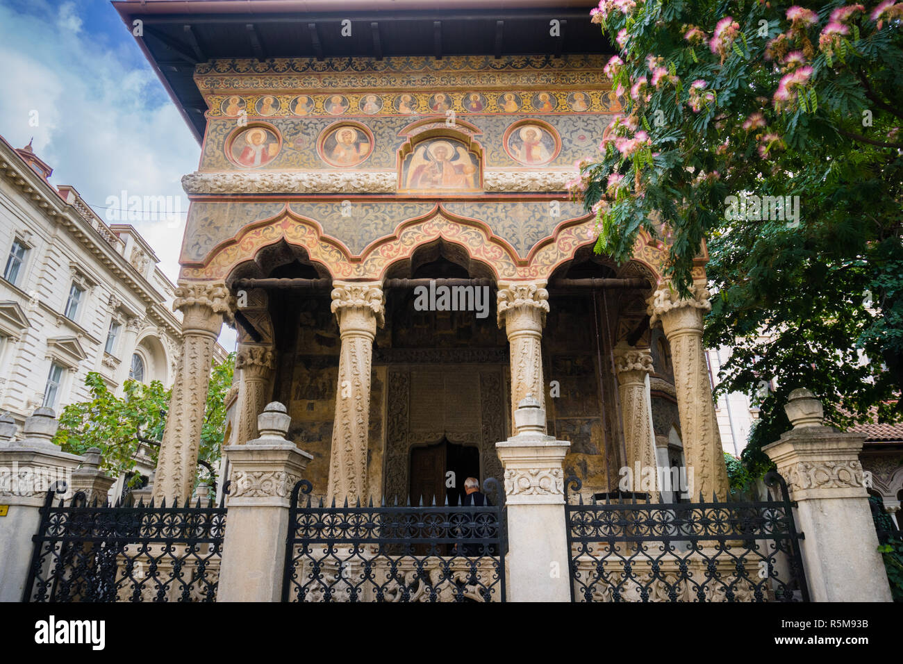 Facade of the eastern Orthodox Stavropoleos Church in the old city area of Bucharest, Romania Stock Photo