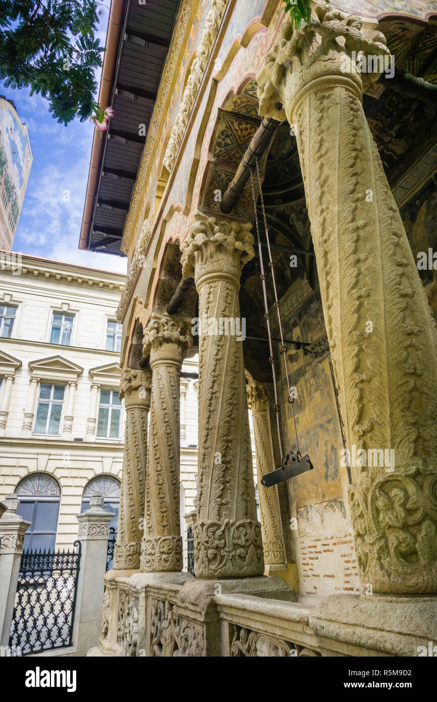Close up of the colonnade of the eastern Ortodox Stavropoleos Church in the old city area of Bucharest, Romania Stock Photo