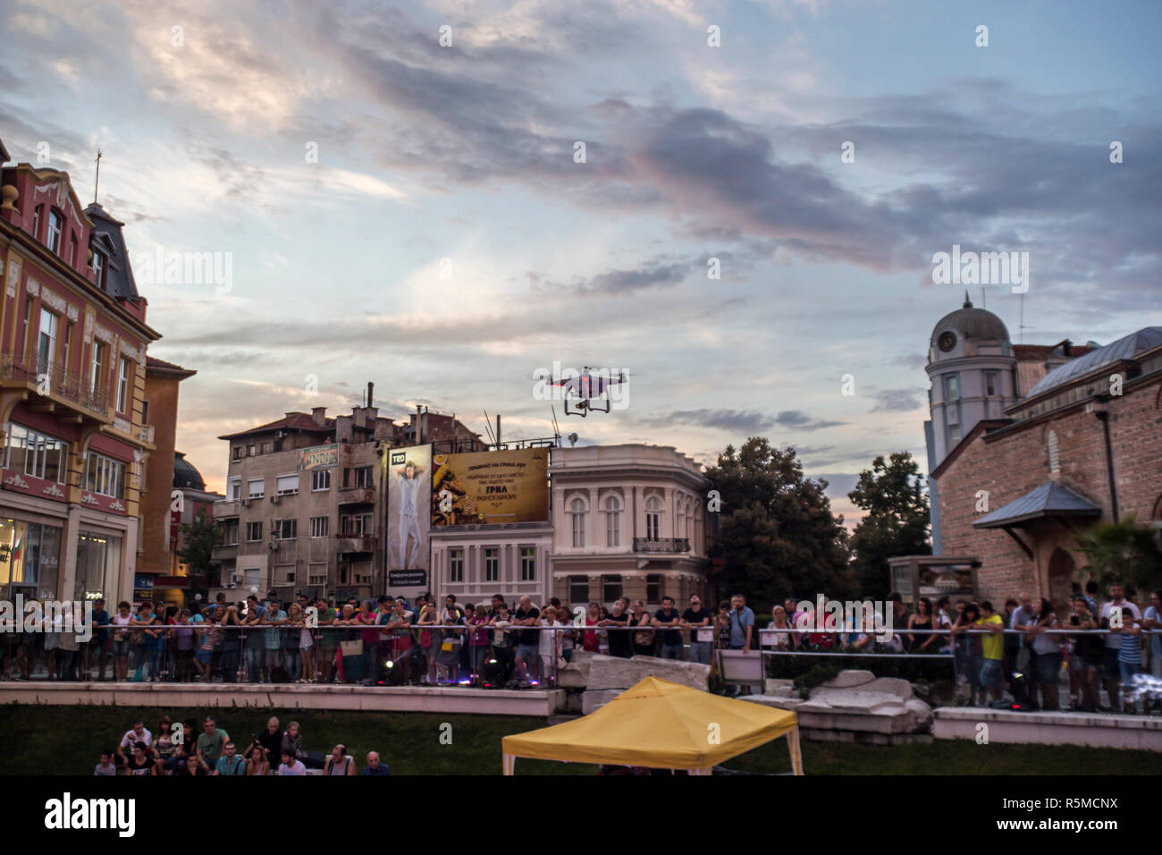 PLOVDIV, BULGARIA - AUGUST 19, 2016 - First drone festival in Plovdiv, Bulgaria. The event includes music and dance performances, drone flying demonst Stock Photo