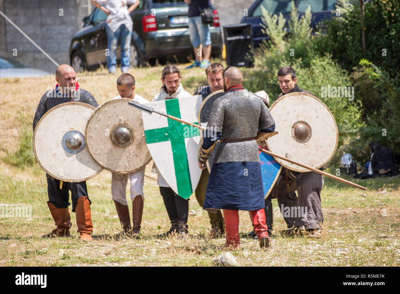 ASENVOGRAD, BULGARIA - JUNE 25, 2016 - Medieval fair in Asenovgrad recreating the life of Bulgarians during the Middle ages. Demonstration of a defenc Stock Photo