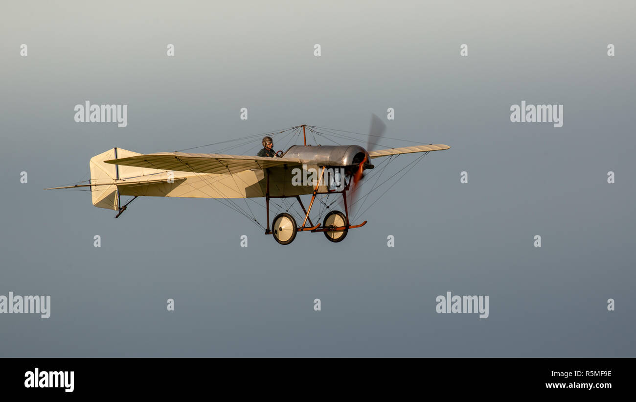 Biggleswade, UK - 6th May 2018:  A Flying replica of a Deperdussin1910 in flight at the Shuttleworth Collection. Stock Photo