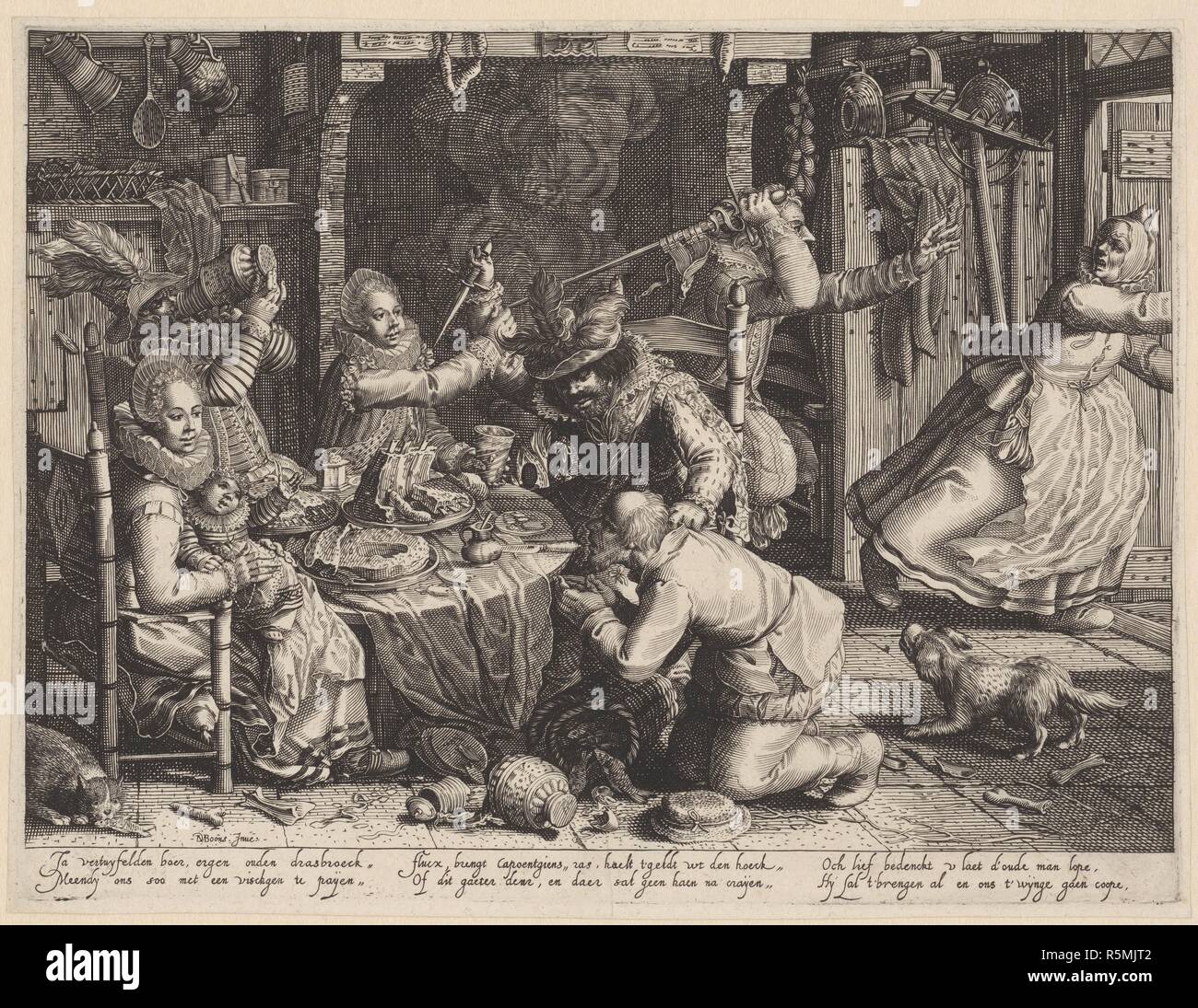 Rich society eating. From the Series Boereverdriet (Horrors of War to the Peasants). Museum: PRIVATE COLLECTION. Author: Bolswert, Boetius Adamsz. Stock Photo