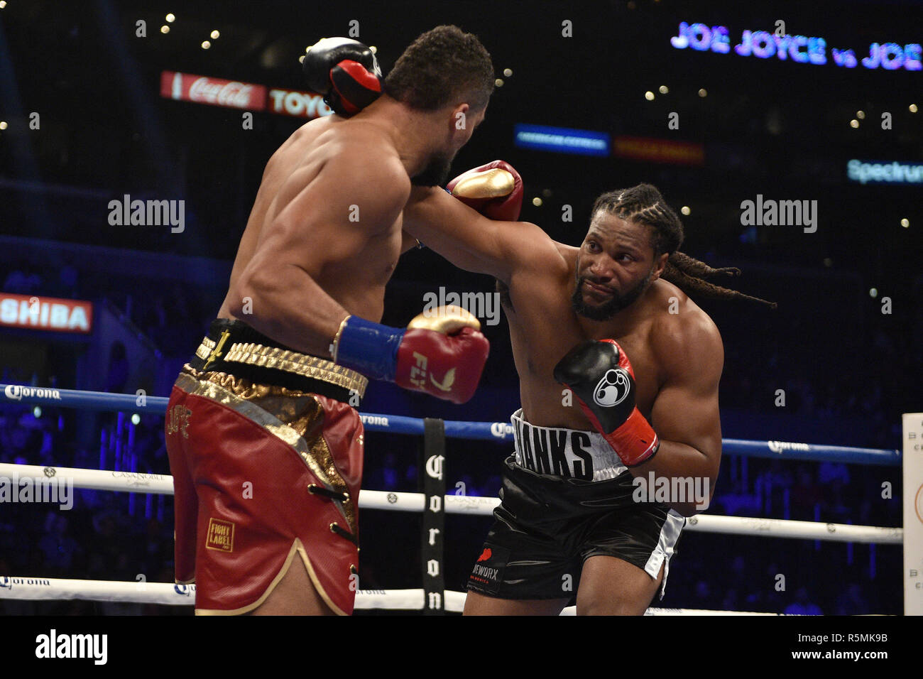 Joe Joyce defeats Joe Hanks during the Heavyweight Championship bout at the Staples Center in