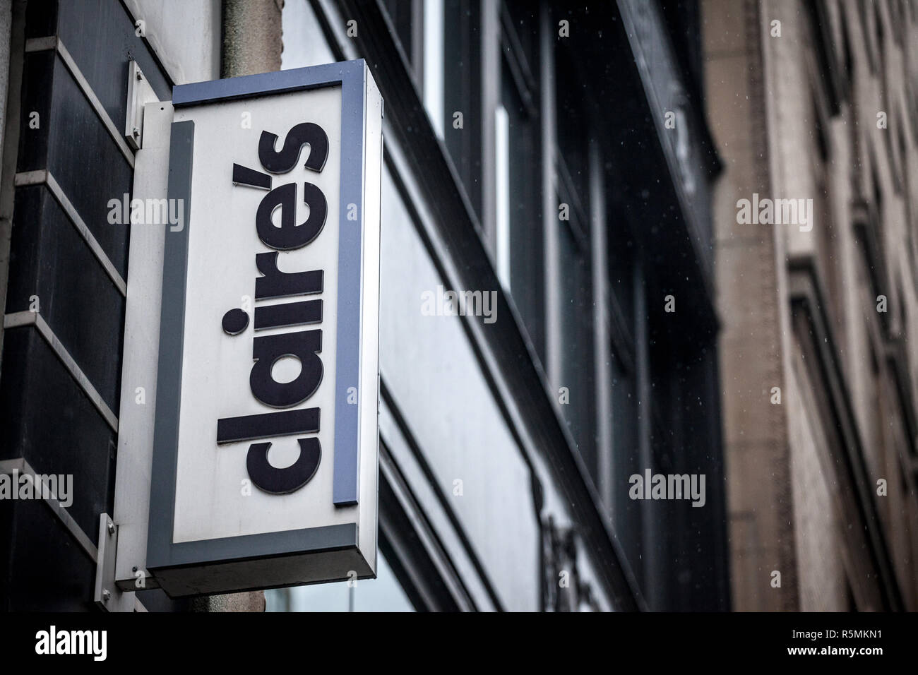 MONTREAL, CANADA - NOVEMBER 5, 2018: Claire's logo on their main shop for Montreal. Claire's is an American Franchise of stores selling women and girl Stock Photo