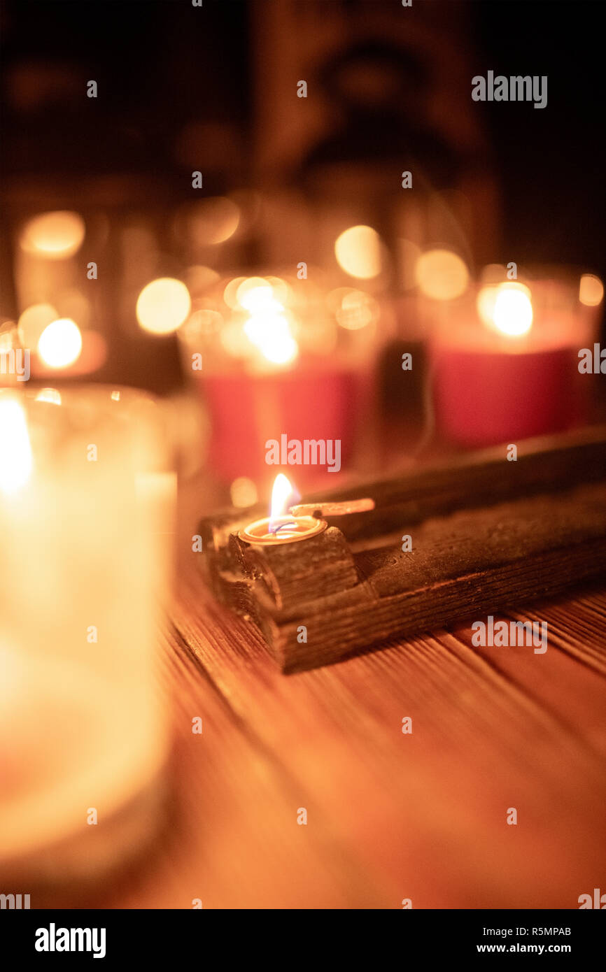 Home Altar. Spiritual Decor Arrangement with Burning Candle