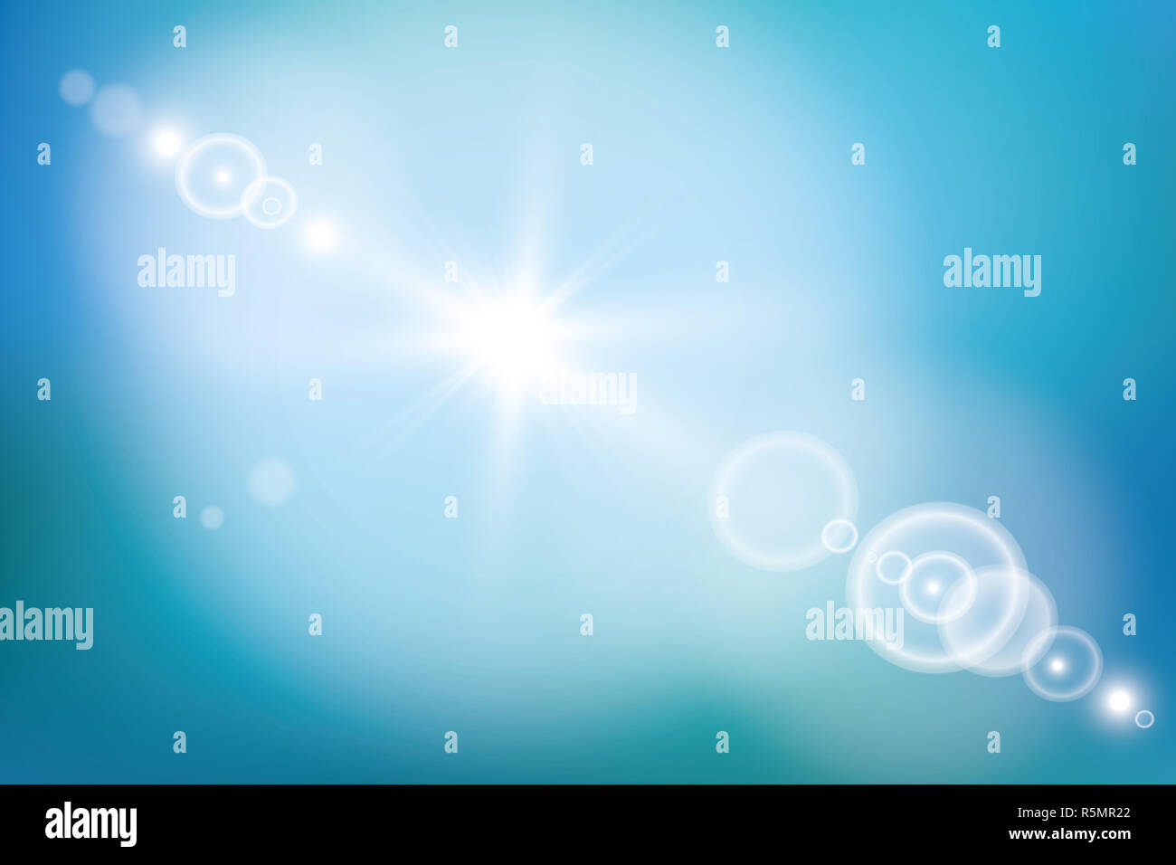 Abstract bright shining sun with lens flare in a blue sky. Vector ...