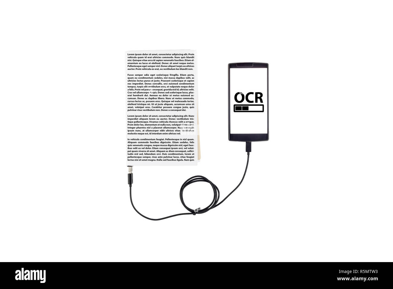 Book connected to a smartphone through an USB cable. Optical character recognition loading bar. Stock Photo