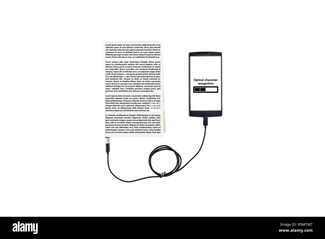 Book connected to a smartphone through an USB cable. Optical character recognition loading bar. Stock Photo