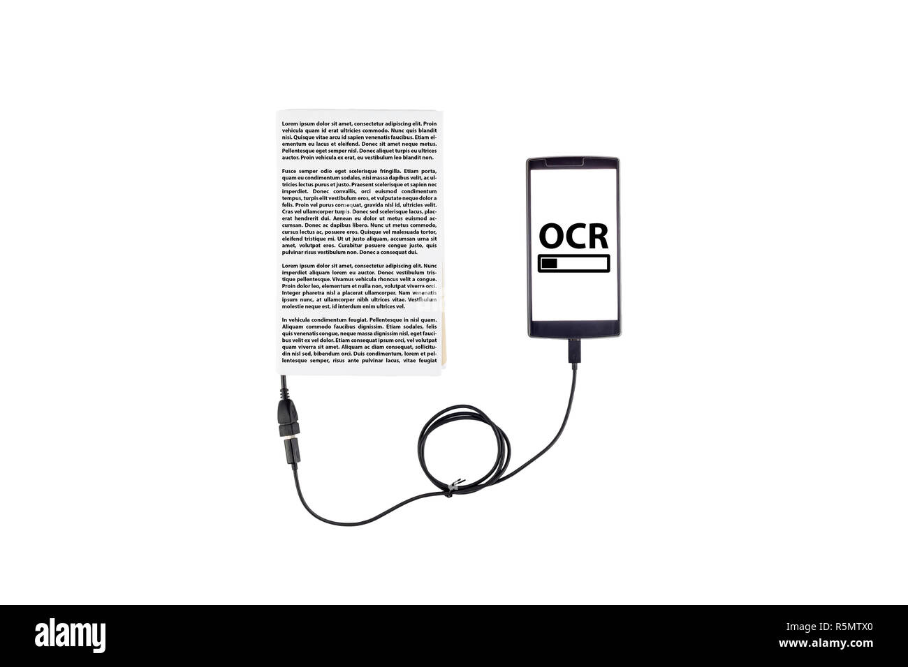 Book connected to a smartphone through an USB cable. Optical character recognition loading bar. Stock Photo