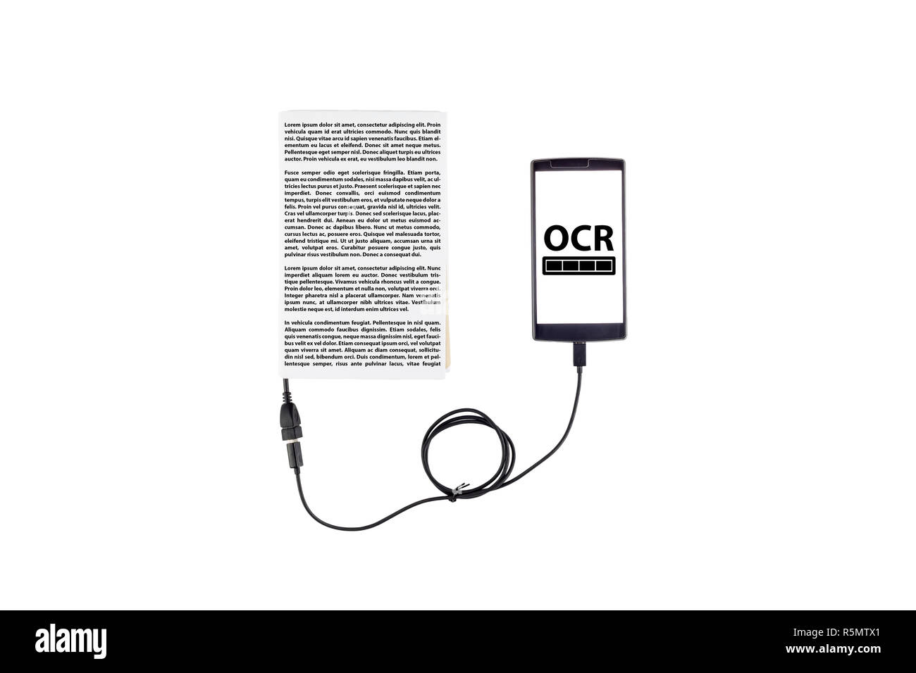 Book connected to a smartphone through an USB cable. Optical character recognition loading bar. Stock Photo