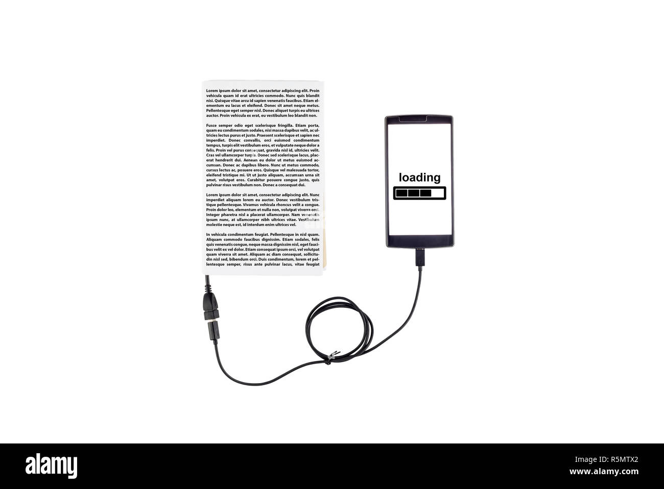 Book connected to a smartphone through an USB cable. Optical character recognition loading bar. Stock Photo