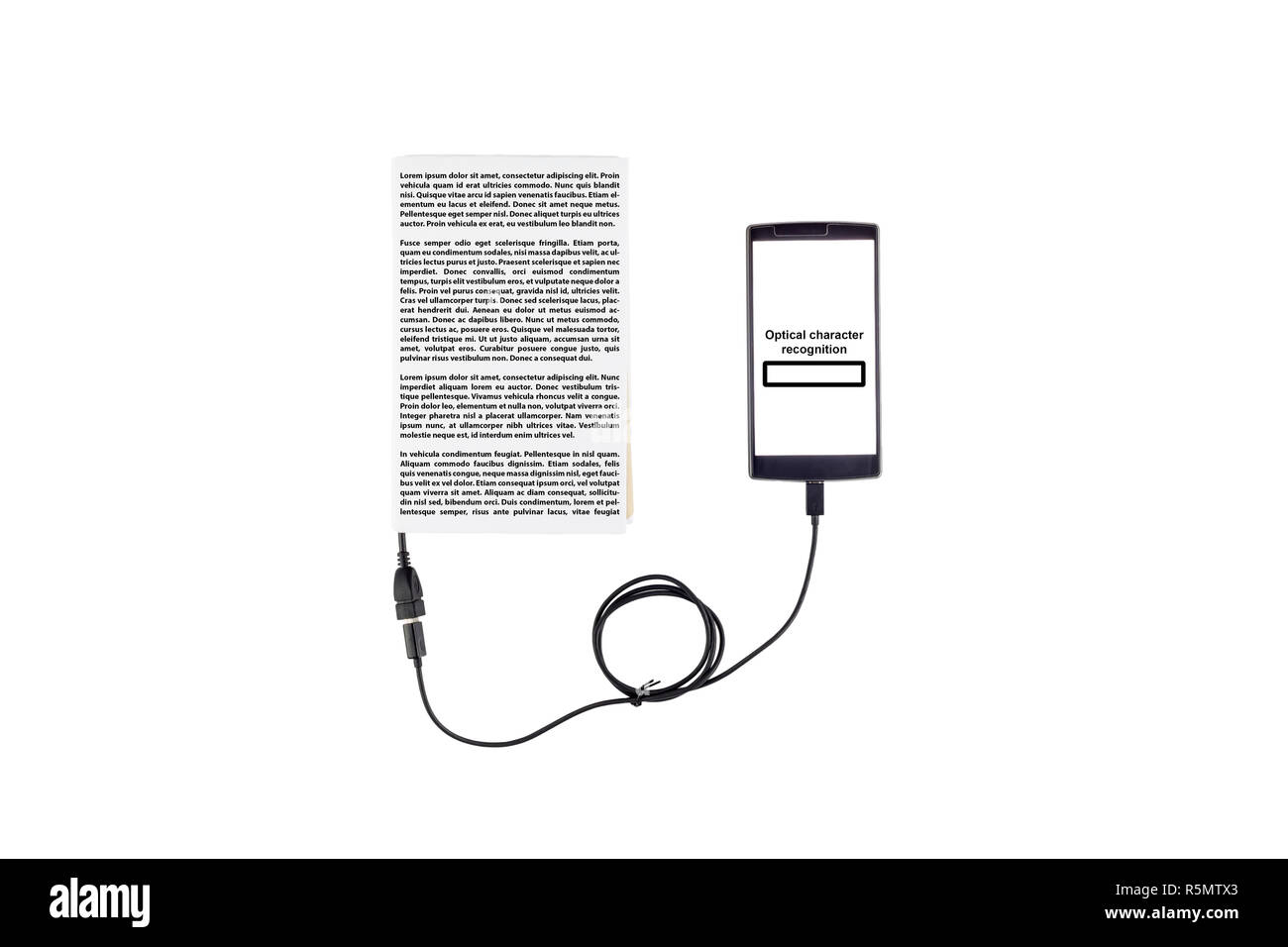 Book connected to a smartphone through an USB cable. Optical character recognition loading bar. Stock Photo