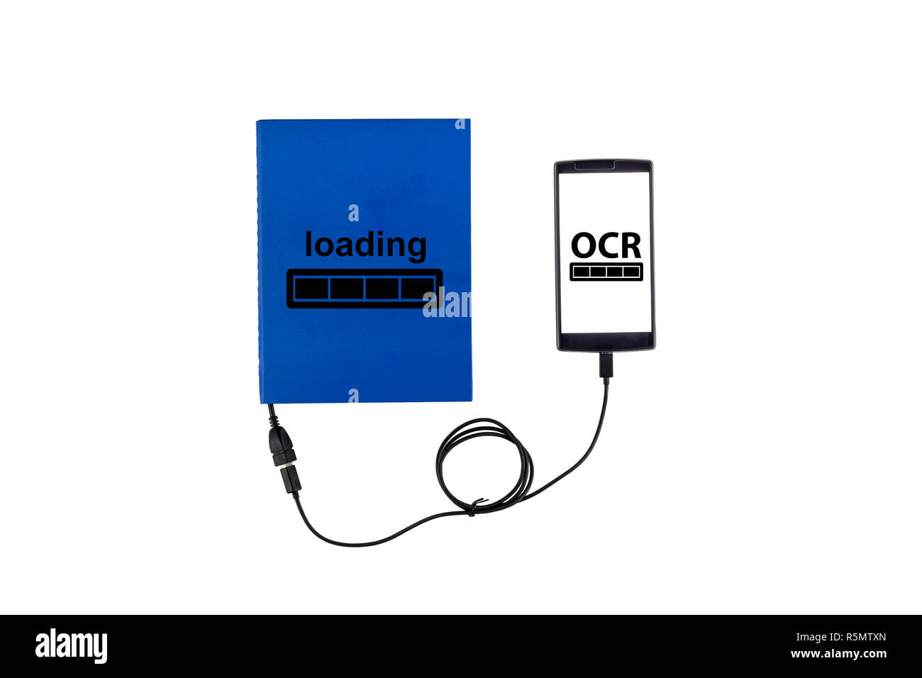 Book connected to a smartphone through an USB cable. Optical character recognition loading bar. Stock Photo