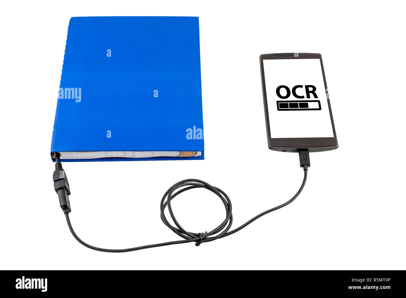 Book connected to a smartphone through an USB cable. Optical character recognition loading bar. Stock Photo