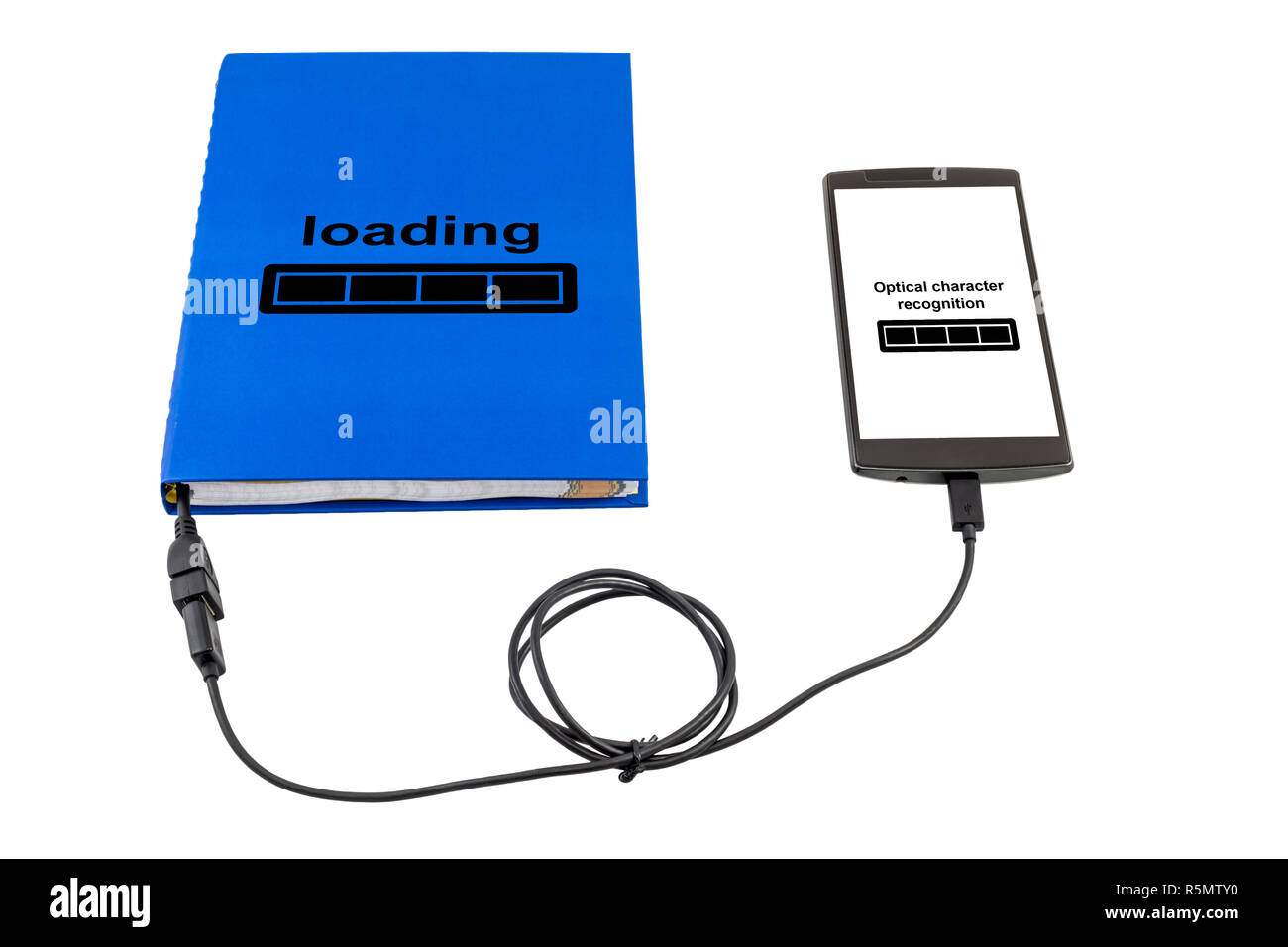Book connected to a smartphone through an USB cable. Optical character recognition loading bar. Stock Photo