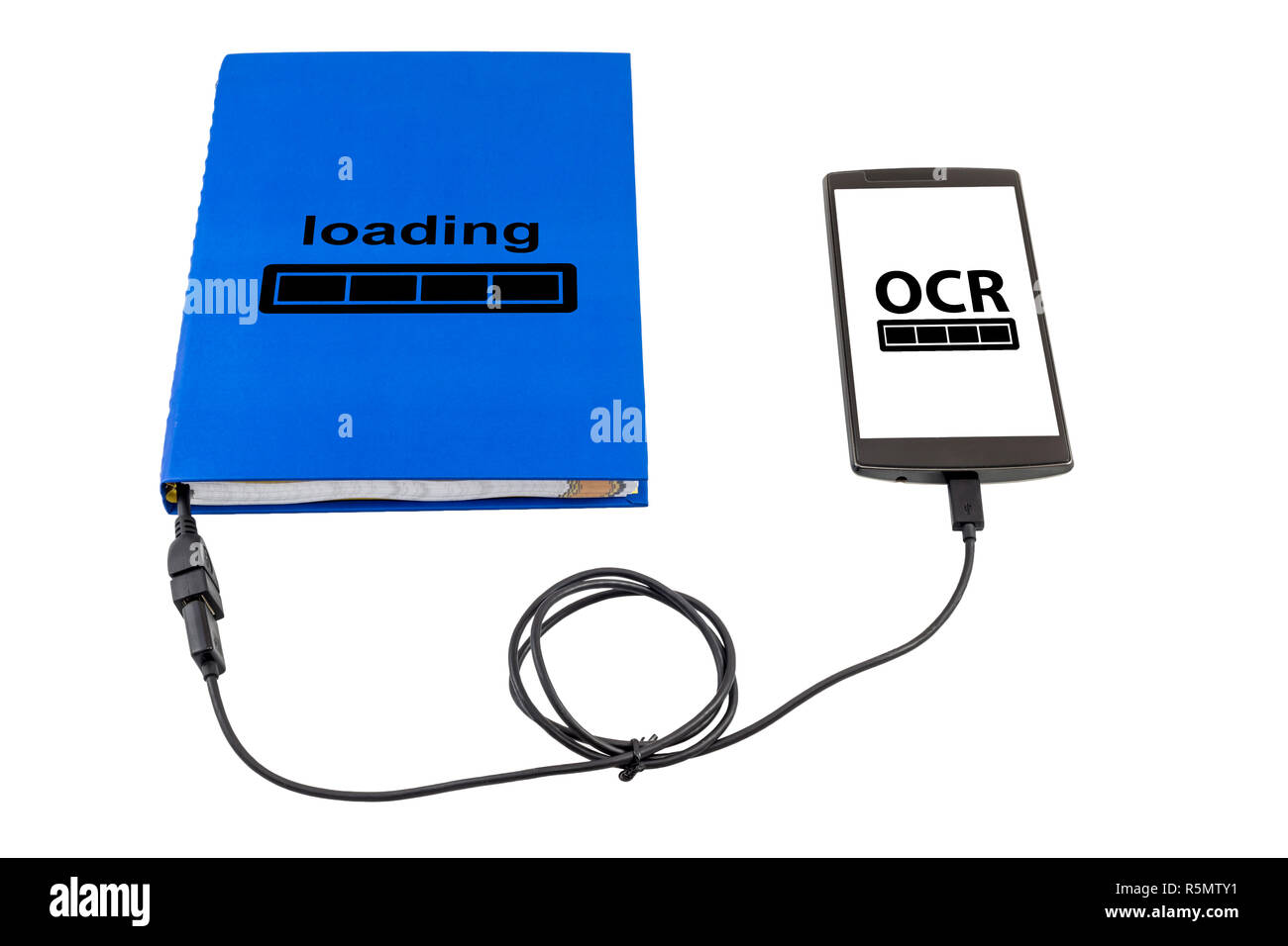 Book connected to a smartphone through an USB cable. Optical character recognition loading bar. Stock Photo
